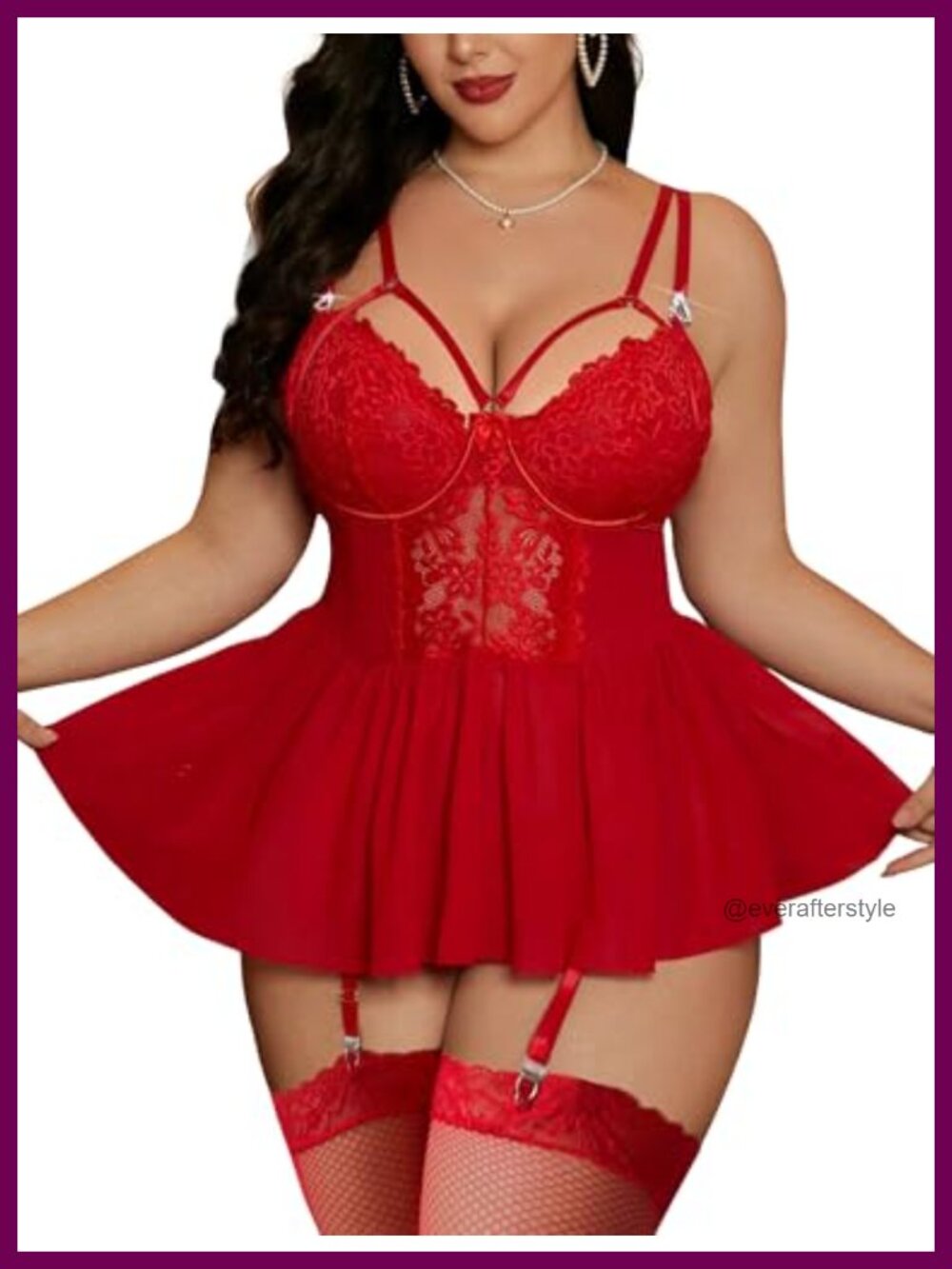 Plus Size Lingerie Set Ruffle Lace 4-Strap Garter Stockings